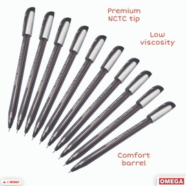 OMEGA Triad-TC Ballpoint Pens, BLACK, Fine Point (0.7 mm), Pack of 10, Smooth Ball Pens, Triangular Inbuilt Grip, School Office Home Everyday Use Pens