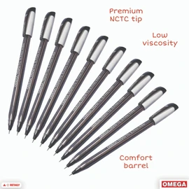 OMEGA Triad-TC Ballpoint Pens, BLACK, Fine Point (0.7 mm), Pack of 10, Smooth Ball Pens, Triangular Inbuilt Grip, School Office Home Everyday Use Pens
