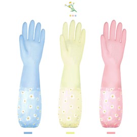 Dishwashing Cleaning Gloves 3 Pairs - Reusable Rubber Gloves Non-Slip Laundry Kitchen Gardening Waterproof Household Gloves （Long Cuff）