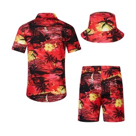 EISHOPEER Men's Button Down Hawaiian Shirt and Short 2 Piece Outfits Suits with Bucket Hats Red Large