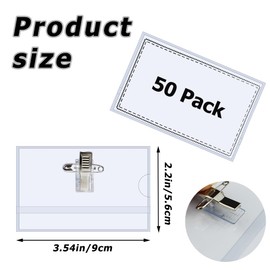 Pack of 50 Name Badges, Transparent, 90 x 56 mm, Name Tags for Clothes, Name Plate Case with Clip for Schools and Office