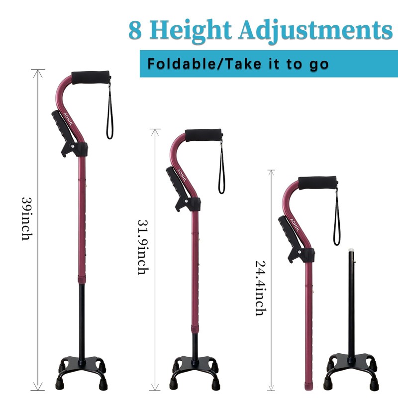 AOHHL Quad Walking Cane Foldable Adjustable Portable Stick Men &