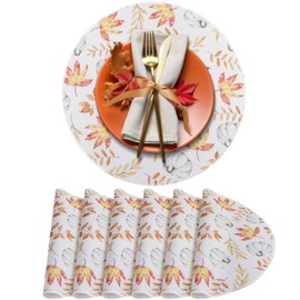 ADRIMER Fall Placemats, Thanksgiving Round Placemats for Dining Table Set of 6, Exquisite Autumn Kitchen Table Mats for Indoors Outdoors Home Holiday Party Decor, Orange Maple Leaf & Pumpkin