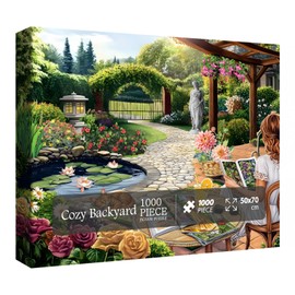Beautiful Cozy Garden Landscape Puzzles for Adults 1000 Pieces, Colorful Spring Nature Flower Plant Jigsaw Puzzles, Hard Funny Outdoor Cat Floral Backyard Pond Puzzle