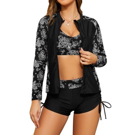 SHEKINI Women's 3-Piece Rash Guard Long Sleeve Swimsuits with Drawstring Short, Black print