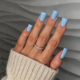 SXVME Light Blue Press On Nails Medium -Duck Press On Nails Short, Opaque Solid Blue Square Fake Nails with Glue, Fit Perfectly, Reusable Soft Gel Stick on Nails for Women, 24 Pcs