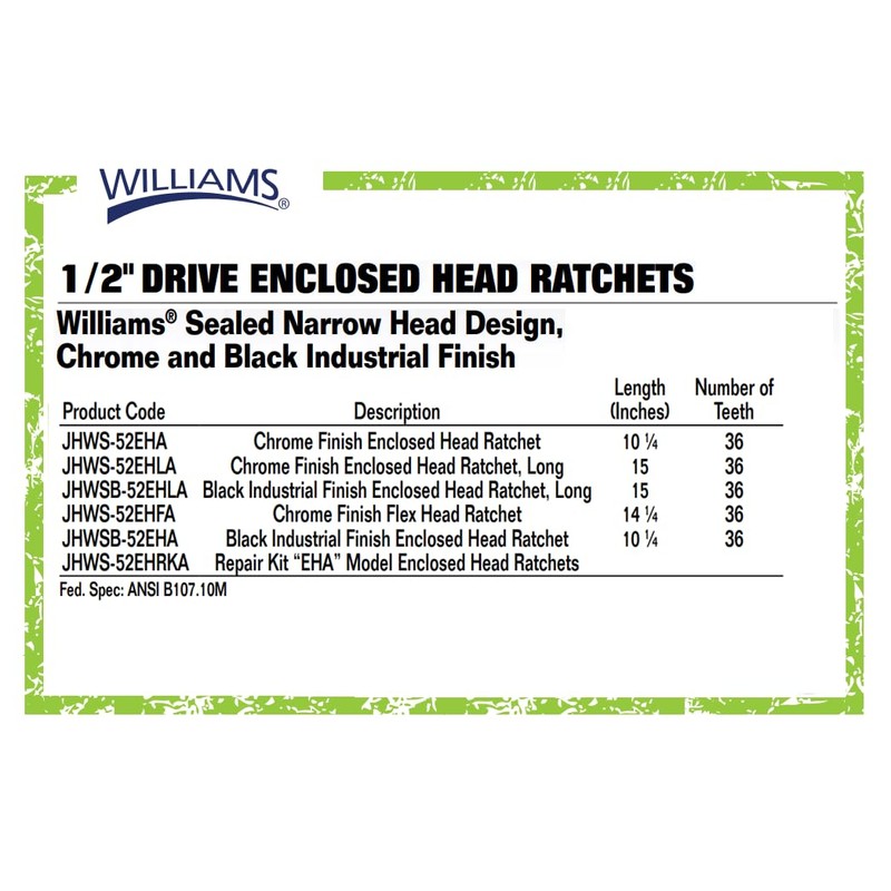 Williams JHWS-52EHA 1/2-Inch Drive Enclosed Head Ratchet with Chrome Finish,