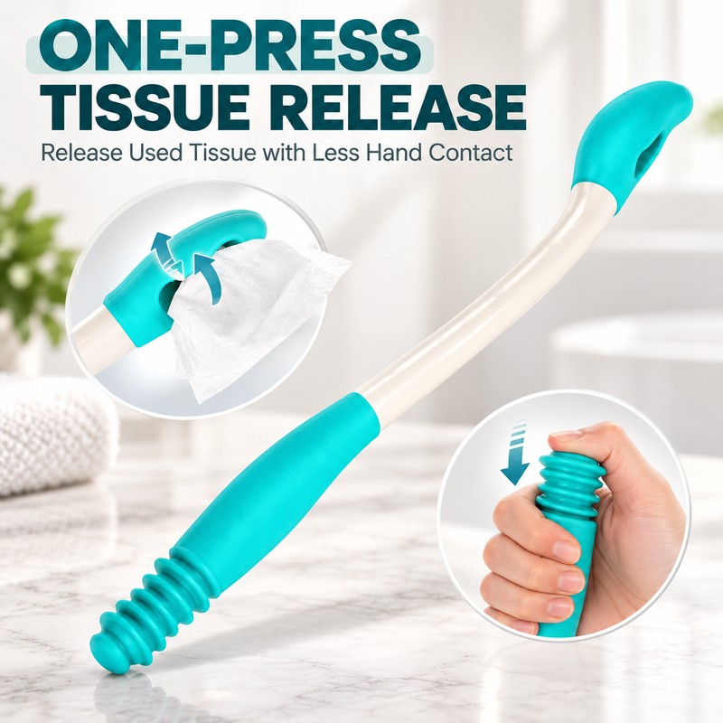 Long Handled Toilet Wiping Aid with Tissue Release Button, Ergonomic