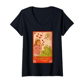 Womens The Delulu Tarot Princess Frog Red Flags Design V-Neck T-Shirt