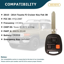 AKS KEYS Replacement for Toyota Key Fob 3 Buttons That Use FCC HYQ12BBT and Part Number 89070-35140 Compatible with 2010 - 2014 FJ Cruiser