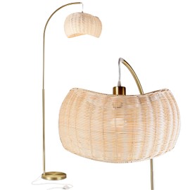 Brightech Wave Arched Floor Lamp – Unique Hanging Wicker Shade for Living Rooms – Rattan Style Matches Boho and Other Décor – Arcs Over Sofas and Dining Tables for Compliments - Brass