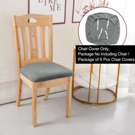PiccoCasa Dining Chair Seat Covers Set of 6, Velvet Chair Seat Cover with Ties for Dining Room - Stretch Dining Chair Covers for Wedding Hotel, Removable Washable Chair Covers Gray
