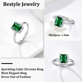 Bestyle Square May Emerald Birthstone Rings Embellished with White Cubic Zirconia Minimalist Sterling Silver Open Band Gemstone Rings for Birthday/Christmas/Party/Anniversary/Wedding