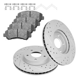 Fraxle Front Drilled & Slotted Disc Brake Rotors and Ceramic Brake Pads kit for Nissan Rogue 2008 2009 2010 2011 2012 2013 2014 2015
