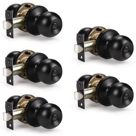 KNOBWELL 5 Pack Modern Door Knob Privacy Door Knob Bedroom Door Knobs with Lock, Matte Black Bathroom Door Knob, Interior Door Use