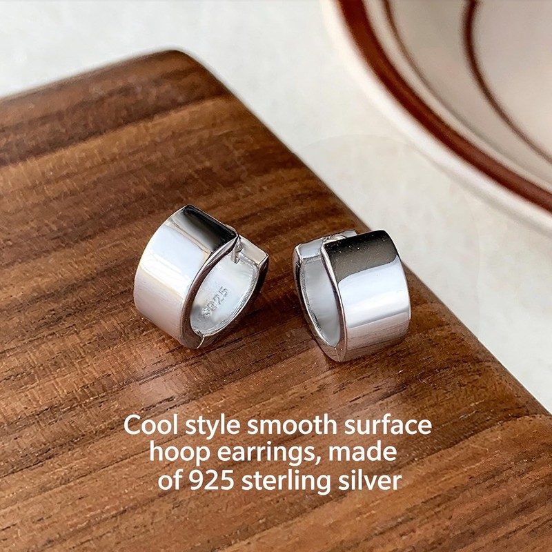Italian Sterling Silver Hoop Huggie Earrings for Men, Wide Shiny