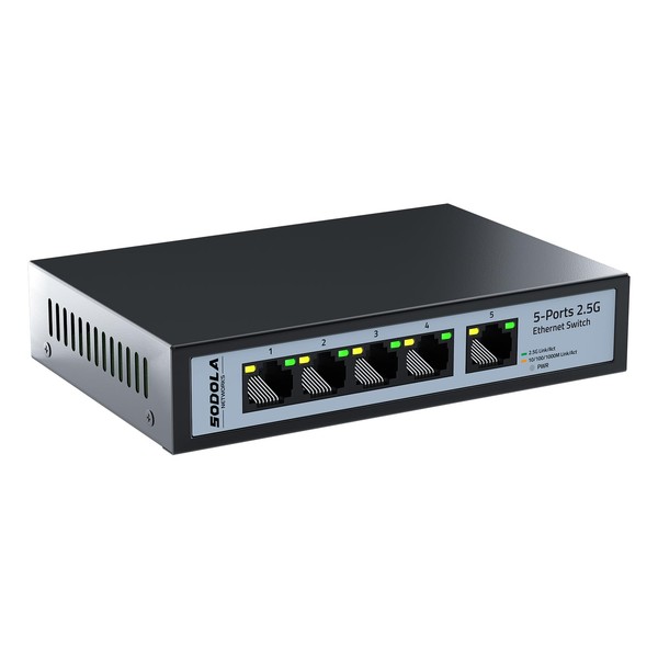 Sodola 5 Port 2.5G Network Switch, 5 x 2.5G Base-T Ports, 45Gbps Switching Capacity, Plug & Play/Fanless 2.5 GB Unmanaged Network Switch