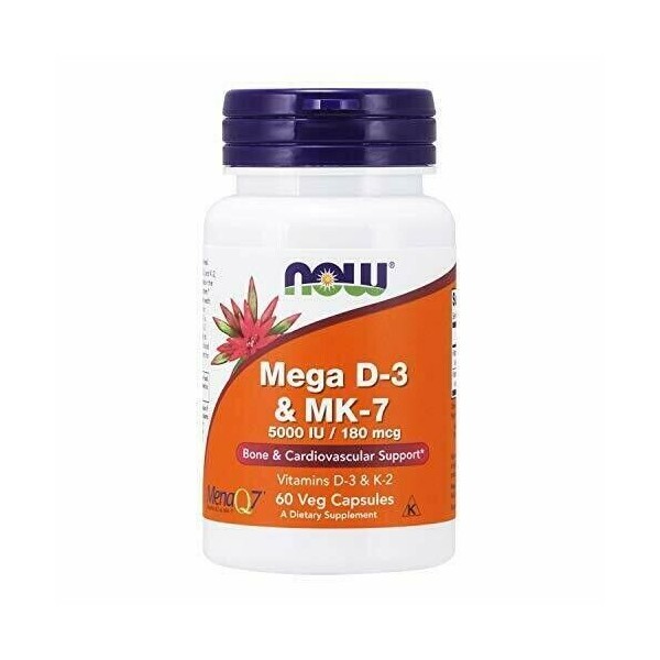 NOW Supplements, Mega D-3 & MK-7 with Vitamins D-3 & K-2, 5,000 IU/180 mcg, B...