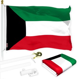 G128 Combo Pack: 6 Ft Aluminum Spinning Flagpole (White) & Kuwait Kuwaiti Flag 3x5 Ft, LiteWeave Pro Series Printed 150D Polyester | Pole with Flag Included