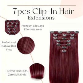 ISWEET Extensiones De Cabello Humano Liso Con Clip, 7 Unidades, 16 Pulgadas, 100 G, N.° 99J, Ombré Rojo, Invisibles, Naturales, Suaves, Remy, Con Dobl