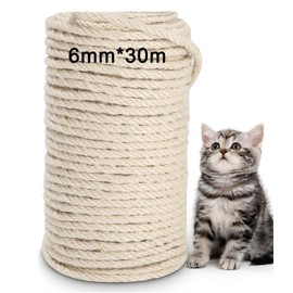 Sisal Rope for Scratching Post 6 mm (30 Metres) Natural White Sisal Rope Multi-Purpose Rope Sisal for Cats Scratching Post Cat Scratching Post Replacement and Accessories for Cats, Household,
