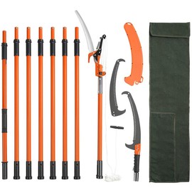 VEVOR Manual Pole Saw, 7.3-27 ft Extendable Tree Pruner, Sharp Steel Blade and Scissors High Branches Trimming, Branch Trimmer with Lightweight 8 Fiberglass Handles, for Pruning Palms and Shrubs:_27 ft & Double Hook Saw + Spare Blade + Scissors