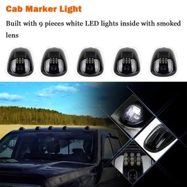 NPAUTO 5pcs Smoked LED Cab Marker Lights White 9 LED Roof Top Clearance Lights Running Lights Replacement for 2003-2018 Dodge Ram 1500 2500 3500 4500 5500 Pickup Truck