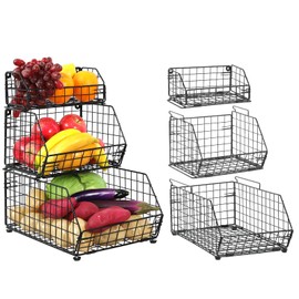 Yuzehuaza 3 Tier Fruit and Vegetable Basket Wall-Mounted & Countertop Organizer for Potato Onion Stackable Wire Baskets for Pantry Kitchen Cabinet for Produce Snack Canned Food Storage, Black