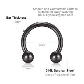 VF VFUN 16G Stainless Steel Septum Nose Rings with Interchangeable Sequin Balls Hinged Clicker Horseshoe Cartilage Helix Conch Earring for Women Men 8mm