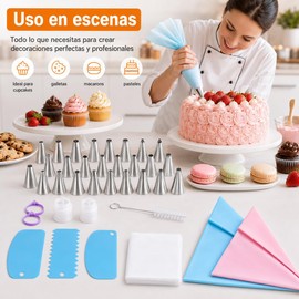 134 Piezas Kit de Reposteria y Pasteleria, 24 Boquillas De Acero Inoxidable, 100 Mangas Desechables,2 Manga Pastelera Reutilizable, 3 Raspador de Pastel, 2 Convertidores, 1 Cepillo de Limpieza