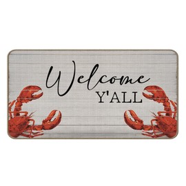 DEQSX Summer Beach Crawfish Welcome Y'all Door Mat, Crawfish Season Beach Summer Doormat for Indoor Outdoor Entrance Porch Front Door, Coastal Ocean Bath Mat, 17x30 Inches