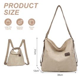 FloralGrace Cord Tote Backpack Crossbody Bag for Women, Cord Shoulder Bag, Cord Bag, Women's Handbag, Convertible Shoulder Bags, Handbag (Beige)