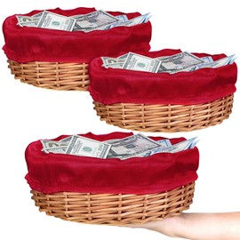 Hushee 3 Pack 9.1 Inch Round Offering Baskets for Church Wicker Offering Basket with Removable Liner Rattan Bowls Wicker Woven Bread Container for Church Receiving Gift(Red Liner)