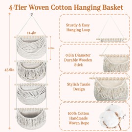 4 Tier Hanging Fruit Basket for Kitchen, 4 Pack Detachable Cotton Crocheted Wall Hanging Baskets Shelf Over Door Organizer for Fruit Veggie Plant, Hanging Storage Basket for Bathroom Bedroom(Beige)