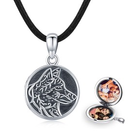 MEDWISE Viking Wolf Locket Necklace That Holds Pictures Oxidized Silver Photo Locket Necklace Photo Keepsake Wolf Necklace Jewelry Gifts