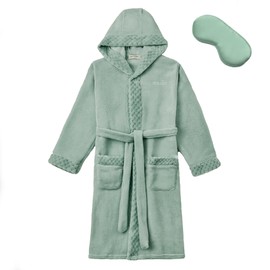 MGEOY Kids Robes for Girls Soft Hooded Flannel Bathrobes for Kids With Silk Eye Sleep Mask Green 6-7