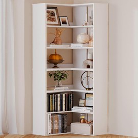 oneinmil Bookcase 6 Tiers with Baffles, Large Corner Bookshelf, 23.62" Storage Display Rack for Living Room Home Office, White