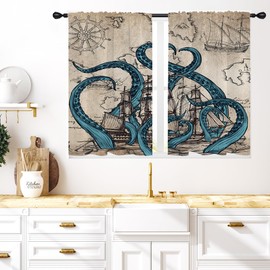 Coxila Vintage Octopus Kitchen Window Curtains 27.5 x 39 Inch Small Short Mini Cafe Rod Pocket Nautical Ocean Kraken Pirate for Living Bedroom Room Home Treatment Set of 2 Curtain Panels Drapes Tiers