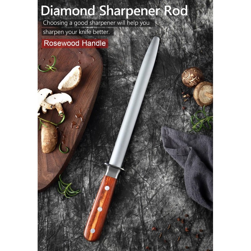 Seido Knives 10-Inch Rosewood Diamond Sharpening Rod - Honing Steel
