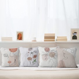 ASDCXZ Boho Cushion Cover 40 x 40 cm Set of 4 Modern Abstract Art Line Girls Flower Beige Decorative Cushion Covers Washable Polyester Flax Textile Cushion Cover Cushion Cover