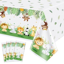 PIXHOTUL 4 Pcs Jungle Safari Tablecloths, Safari Baby Shower Table Cloths Decorations, Animal Print Plastic Table Cover, Wild One Birthday Party Decorations for Boys Kids, 130 x 270cm