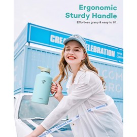 Topre Half Gallon Water Bottle with Handle and Carry Pouch,64 oz Stainless Steel Insulated Jug Flask with Straw Lid Spout Lid,Reusable Metal Water Bottle Mug Tumbler Cup,Keep Cold & Hot,Green