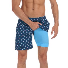 LRD Men's Swim Trunks with Compression Liner 7 Inch Inseam Quick Dry Swim Shorts, Shark Bite / Blue, X-Large