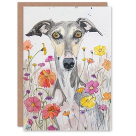 Artery8 Greeting Card Cute Whippet in Wildflowers Dog Lover Watercolour For Her Woman Birthday Card