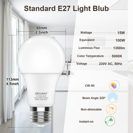 DiCUNO E27 LED Bulb 15W Replaces 100W 5000K Cool White 1350LM Super Bright Matt E27 A60 Edison Bulb CRI90 No Flickering Non-Dimmable E27 LED Bulb Bulb 230V Set of 6