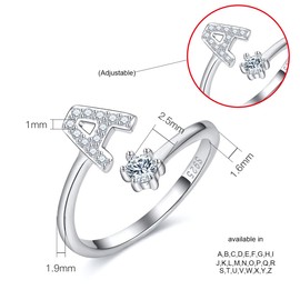 CRYSLOVE Women’s / Girls’ Letter Ring - 925 Sterling Silver - Open & Adjustable Initial Ring - A-Z Alphabet Rings with Gift Box, Silver, a