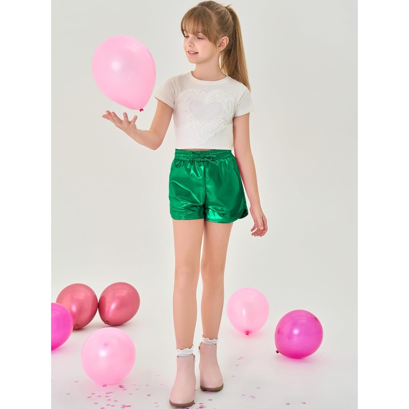 Haloumoning Girls Metallic Shorts Sparkly Dance Outfits Elastic Drawstring Shiny