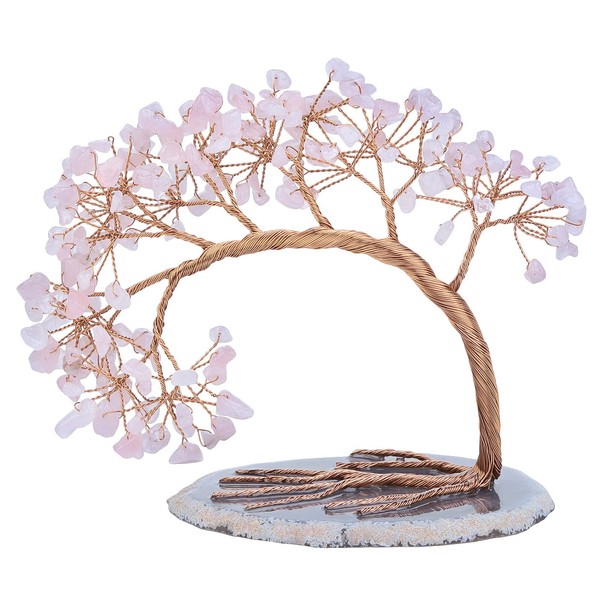 rockcloud Handmade 4.5-5.2'' Crystal Money Tree with Agate Slice Base Tumbled Stones Feng Shui Bonsai Home Office Decor for Luck and Wealth, Rose Quartz