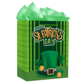 D4DREAM St. Patricks Day Gift Bag with Tissue Paper 11.5"Large Irish Shamrock Paper Gift Bag Green Clover Happy St. Patrick's Day Wrapping Gift Bags with Handle for Kids Classroom Party Favor Supplies