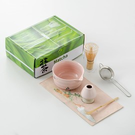 QDDTRAHCCLJZ matcha whisk set,matcha set, including matcha bowl, matcha whisk and stand, sieve, spoon, cloth mat, gift for matcha lovers (pink)
